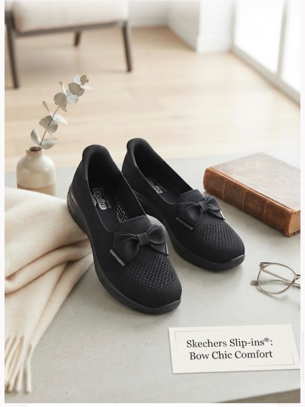 Like New Skechers Slip-ins Arch Fit Inspire Black Bow Flats